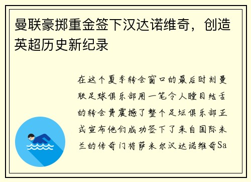 曼联豪掷重金签下汉达诺维奇，创造英超历史新纪录